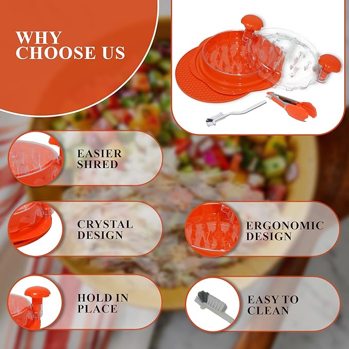 Large Chicken Shredder Tool Twist Equipped with Middle Tray, Including 1 x Anti-slip Silicone Mat, 1x Kitchen Tongs and 1x Cleaning Brush, Suitable for Pork Beef‬ Chicken‬ Breast (Orange)