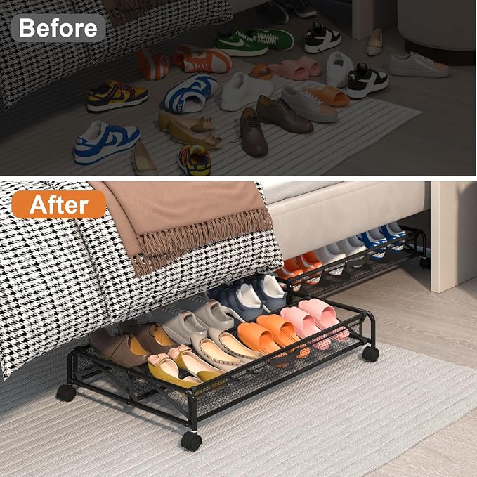 Under Bed Shoe Storage Organizer, Rolling Under Bed Storage Containers with Wheels, Under Bed Shoe Organizer Drawer Space Saving for bedroom