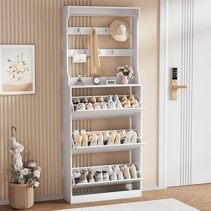 Shoe Storage Cabinet, Wood Shoe Organizer for Entryway with 3 Flip Drawers, Freestanding Shoe Rack with Adjustable Shelf, Narrow Shoe Dresser for Front Door Entrance (White, Tall 3 Drawers)