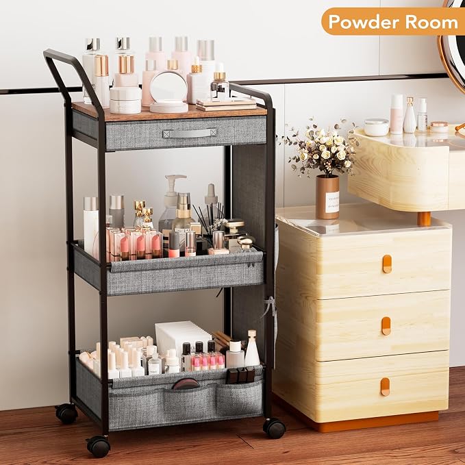BBLIKE 3-Tier Diaper Caddy Organizer - Rolling Utility Baby Cart with Drawer and Side Pockets for Nursery and Baby Essentials, Multi-Function Cart for Bedroom and Bathroom, Gray