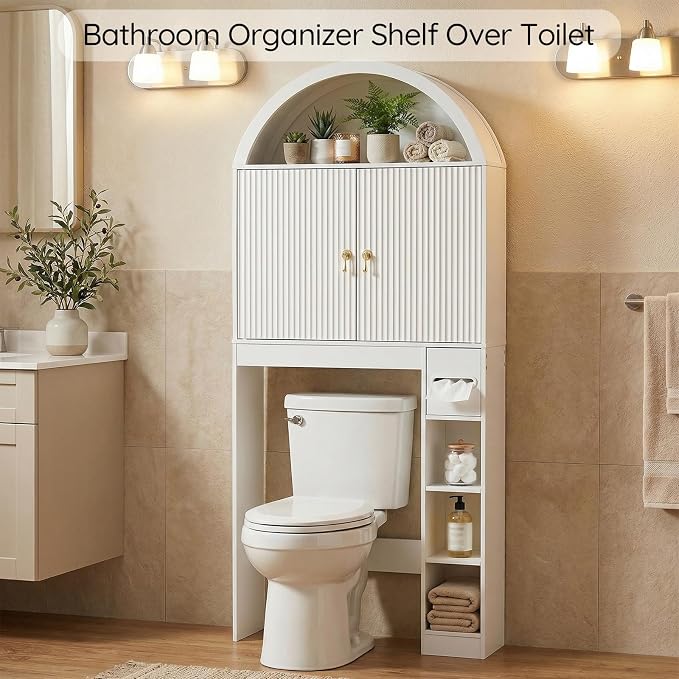HOOBRO Over the Toilet Storage Cabinet, 67.7'' Tall Bathroom Organizer with Wave Doors, Arched Design with Adjustable Shelf, Toilet Paper Holder, Freestanding Cabinet for Narrow Space, White WT26TS01