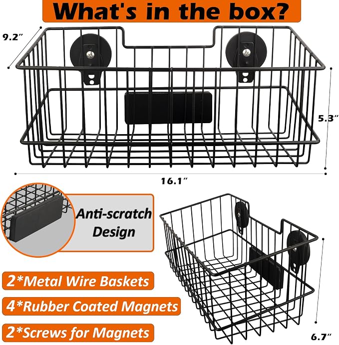 MUTUACTOR Heavy Duty Metal Wire Baskets,Magnetic Mount Hanging Wall Basket Storage,Extra Large Magnet Metal Wall Basket For Organizing Kitchen Laundry Closet Garage RV,Black,2PCS