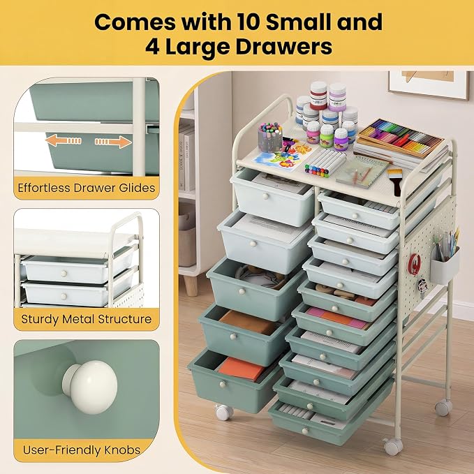 DREAMADE 15-Drawer Rolling Storage Cart, Craft Cart, Gradient Green | Mobile Utility Cart with Metal Pegboard Panels, Tabletop and Lockable Wheels for Classroom, Office, Studio and Playroom