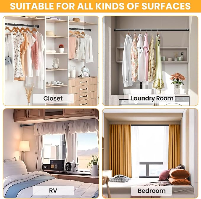 2 Pack Closet Rods for Hanging Clothes, 17-54 Inch No-Cut Stepless Adjustable Closet Rod, 1.3 Inch Heavy Duty Metal Closet Hanging Rod with Brackets, Closet Bar for Closet, Laundry Room, RV, Wardrobes