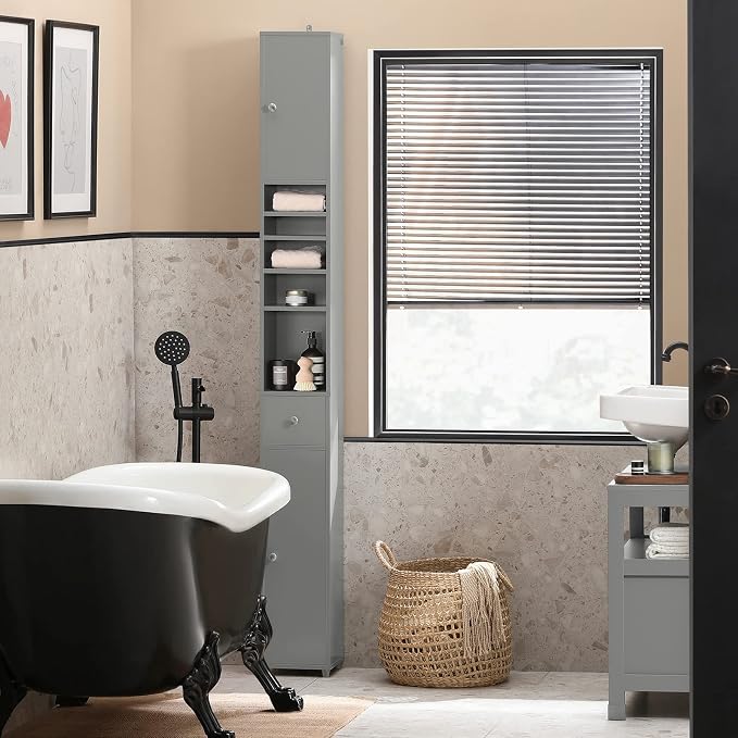 SoBuy Bathroom Storage Cabinet Adjustable Shelves, Tall Narrow, Gray | Freestanding Bathroom Organizer With Customizable Shelves, Fit Small Laundry & Bathroom Corners, BZR34-HG