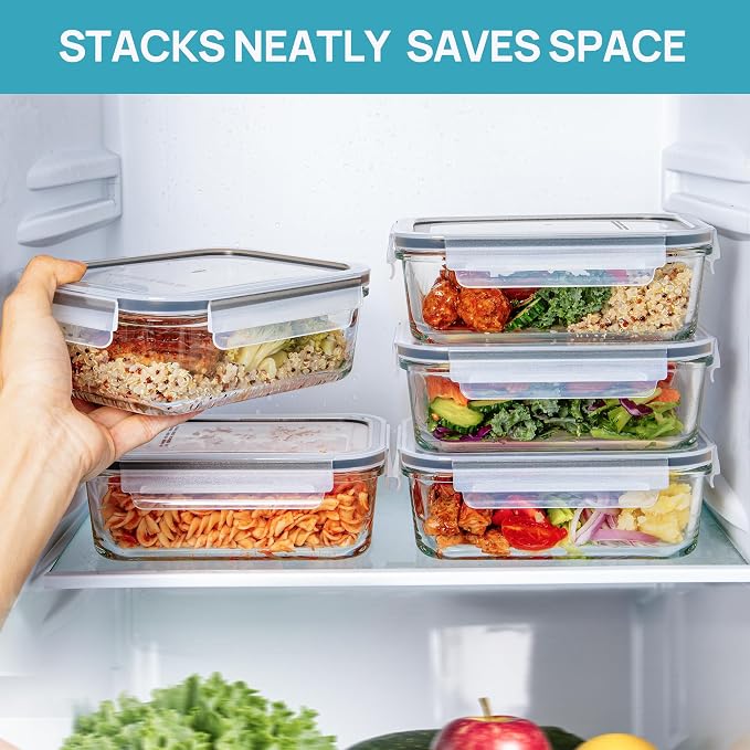 Vtopmart 5Pack 30oz Glass Storage Containers with Lids, Glass Meal Prep Food Container Sets with Snap Airtight Lid for Microwave, Oven, Freezer and Dishwasher, Grey