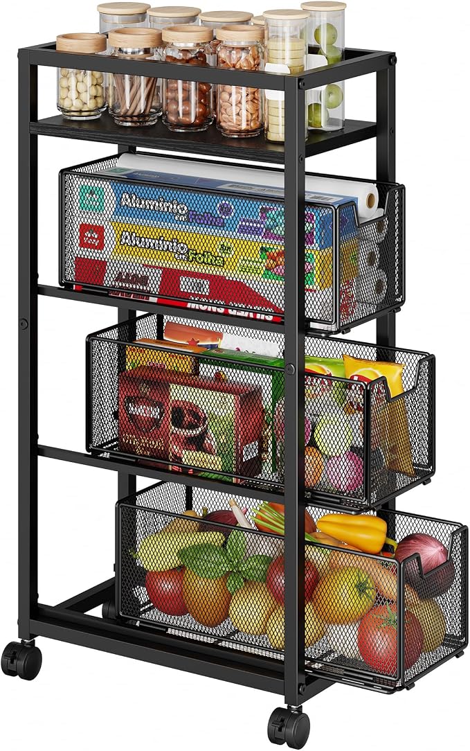 4 Tier Kitchen Rolling Cart, Kitchen Storage Cart with Wheels, Adjust Pantry Organizer and Storage Cart with Drawer, Fruit Vegetable Spice Storage Cart, Wooden Top Metal Kitchen Organizer Rack Stand