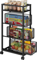 4 Tier Kitchen Rolling Cart, Kitchen Storage Cart with Wheels, Adjust Pantry Organizer and Storage Cart with Drawer, Fruit Vegetable Spice Storage Cart, Wooden Top Metal Kitchen Organizer Rack Stand