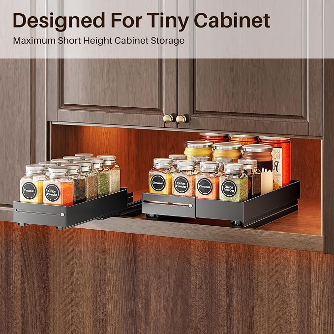 SNTD Pull Out Spice Rack for Upper Cabinet - Expandable Organizer with Smooth Ball Bearing Slides, No Drill Mounting Spice Storage for Kitchen (1 Pack, 4.1" to 7.2" W X 10" D X 2.2" H)
