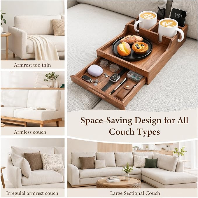 2-in-1 Couch Tray with Cup Holders and Drawer Storage | Acacia Wood Sofa Arm Tray Table, Sofa Organizer for Remote Controls, Snacks, Drinks, Living Room Furniture Accessories