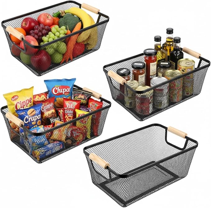 Ziliny 4 Pcs Metal Mesh Wire Baskets with Wooden Handles for Organizing, Pantry Organizers and Storage Steel Bin Kitchen Baskets for Fruit Potato Onion Snacks Bathroom Cabinet(Medium,Black)