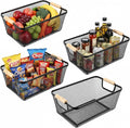 Ziliny 4 Pcs Metal Mesh Wire Baskets with Wooden Handles for Organizing, Pantry Organizers and Storage Steel Bin Kitchen Baskets for Fruit Potato Onion Snacks Bathroom Cabinet(Medium,Black)