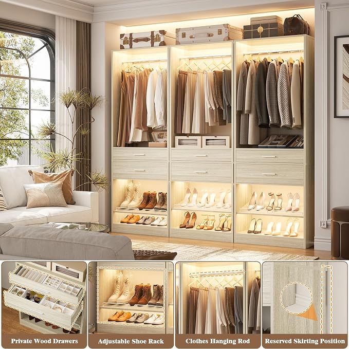 Unikito 25” W x 80'' H Closet System Organizer with Hanging Rod and 2 Wooden Drawers, Adjustable Shoes Rack, Sturdy Garment Racks, Walk-in Closet Tower for Bedroom, Mudroom, and Entryway, White Oak