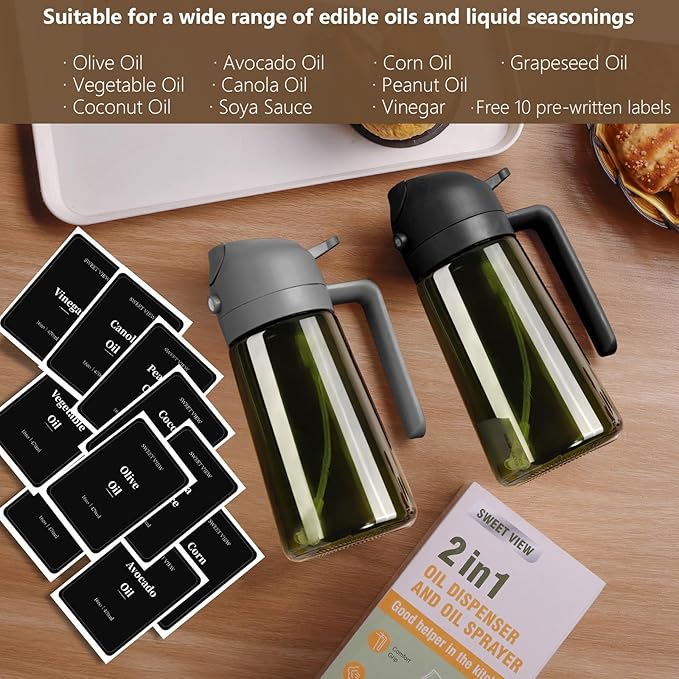 SWEET VIEW 2PCS Olive Oil Dispenser and Oil Sprayer | 16oz/470ml Glass Light-Proof Oil Pourer for Kitchen Air Fryer, Cooking, Salad, and BBQ, with Stickers