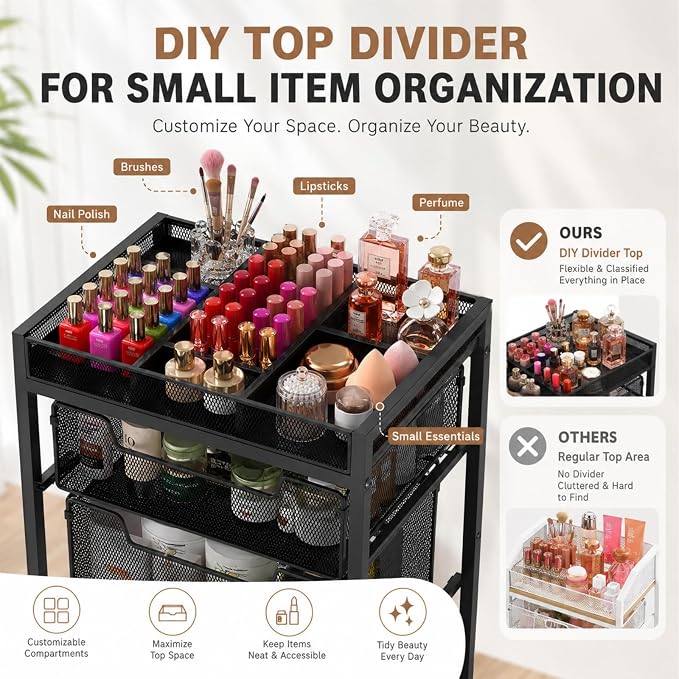 JKsmart Rolling Makeup Cart Organizer with 3 Drawers, Cosmetics Display with Dividers, Floor Skincare Storage with Wheels, Versatile Vanity Organizer for Nail Polish Perfume Brush Hair Tool, Black