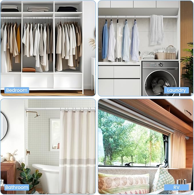 Closet Rods for Hanging Clothes, 17 to 69 Inch Heavy Duty Stepless Adjustable Closet Hanging Rod, 1.3 Inch Diameter Metal Closet Rod for Wardrobes Laundry Bedroom RV, White