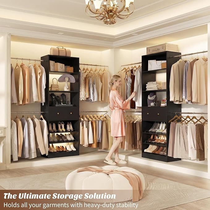 Armocity Wood Closet Organizer System with Sensing Light - 4FT-9FT Expandable Wardrobe Closet with Drawer & 4 Hanging Rods, Heavy Duty Walk-in Closet 1000Lbs for Bedroom Walk-in Closet, Black