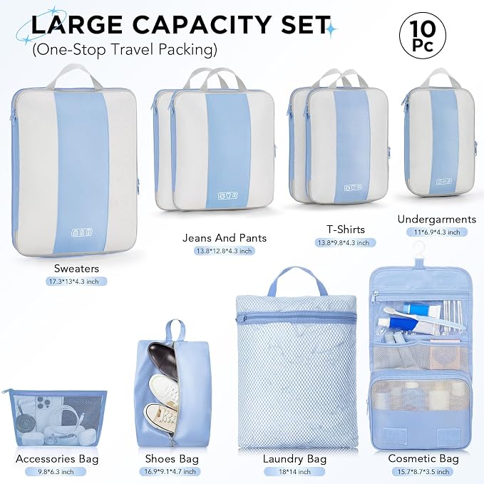 OlarHike 10 Set Compression Packing Cubes for Travel Essentials,Compressible Expandable Space Saver Bags for Organizing Clothes,Luggage Suitcase Garment Bags with Over 1000 pcs Mesh Holes(Light Blue)