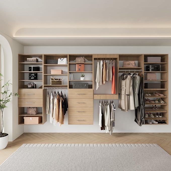 Modular Closet Organizer, 84" Wide Tower System with Hanging, Wooden Closet Storage for Walk-In and Bedroom, Wall-Mounted Wardrobe Organizer Kit