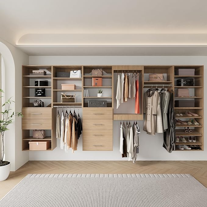 Modular Closet, 72" Wooden Tower with Shelving for Walk In Closets - Wall Mounted Bedroom Wardrobe Organizer
