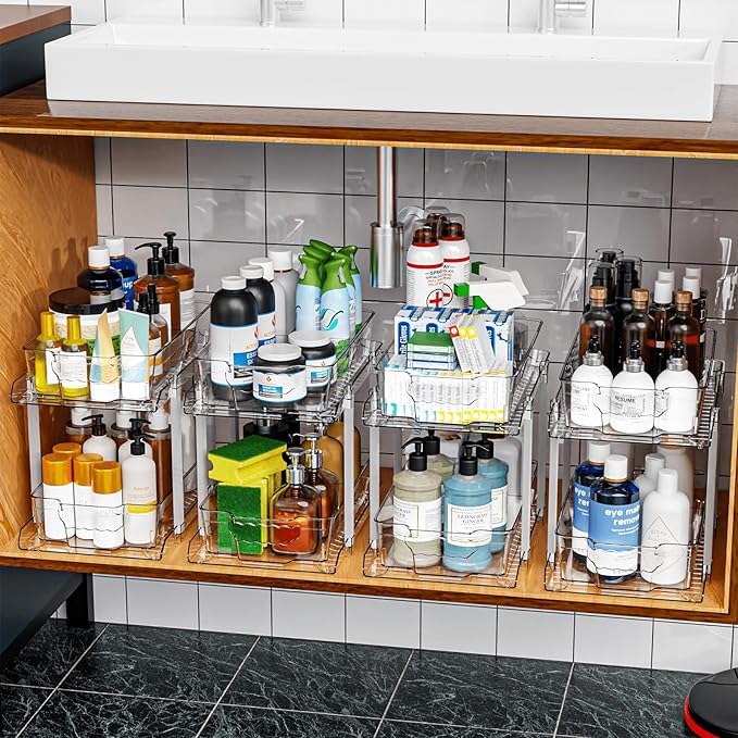 SuoXing 2 Pack 2 Tier Under Cabinet Bathroom Storage,Large 12.4″ Deep Under Sink Organization With Dividers,Clear Pull Out Organizers for Kitchen,Undersink Storage for Hair Products,Towel and Makeup