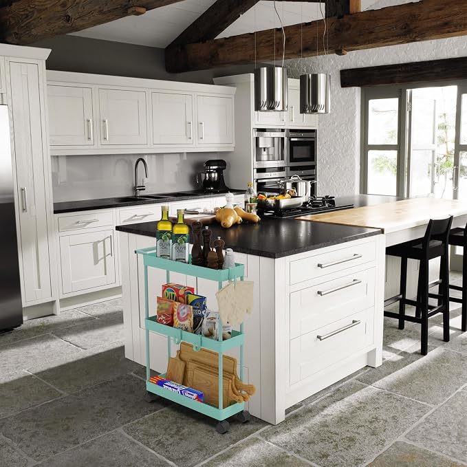 Simple Houseware 3-Tier Slim Rolling Cart w/Handle 5.5" Wx27.5 H, Turquoise | Storage Cart for Narrow Space (5.5-Inch Wide) Kitchen, Bathroom, Laundry Room