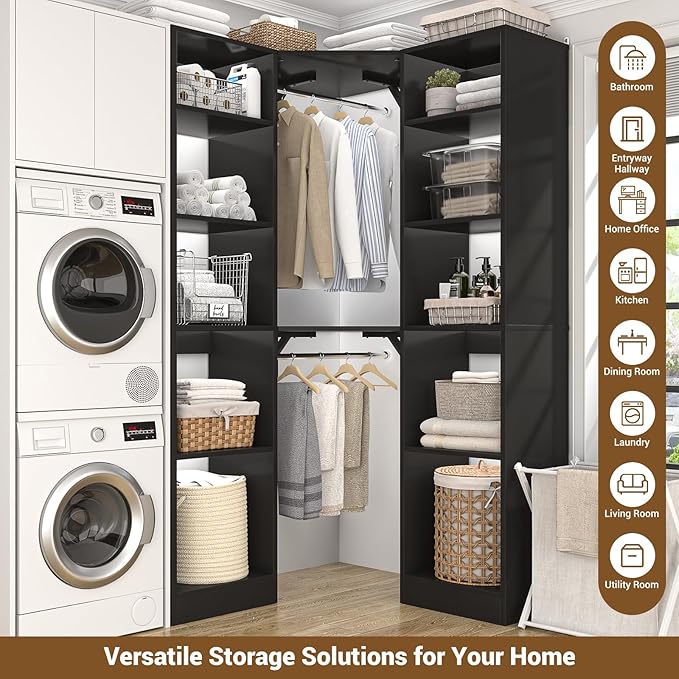 Besiost Corner Closet System with 12 Shelves, 39.2" Corner Closet Organizer System with 2 Hanging Rods, Versatile 6-Tier Walk-in Closets for Corner Space, Black (39.2" L x 39.2" W x 80" H)