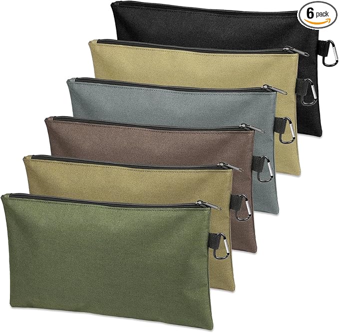 COIDEA Tool Bag Zipper Pouch, Premium Tool Pouch, Utility Multipurpose Storage Organizer Tool Pouches with Carabiner Metal Zipper for Tools (6 Pack, Tan, Navy Green, Black, Light Brown, Grey, Mocha)