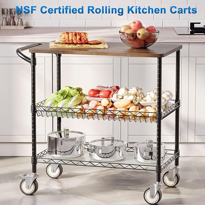Rolling Kitchen Carts with Wheels, 3-Tier Utility Cart with Wood Tabletop | NSF Commercial Metal Serving Cart with Handle and Shelf Liner for Kitchen Snacks,34"D x 17.5"W x 32.5"H,Black