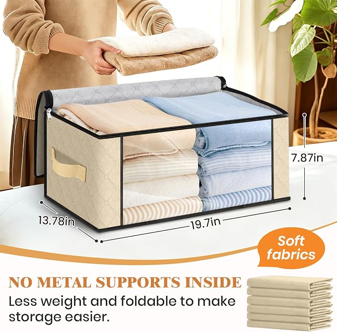 Fab totes 35L Closet Organizers and Storage, Foldable Under Bed Storage Containers, Storage bags for Organizing Bedroom, Closet, Clothing,Organization with Handle (4 Pack,Beige)