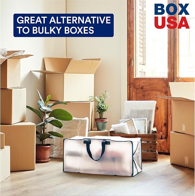 BOX USA 4-Pack Moving Bags with Strong Handles & Zippers - Heavy Duty Extra Large Packing Bags for Storage, Moving Boxes, Dorm & College Supplies, Clear