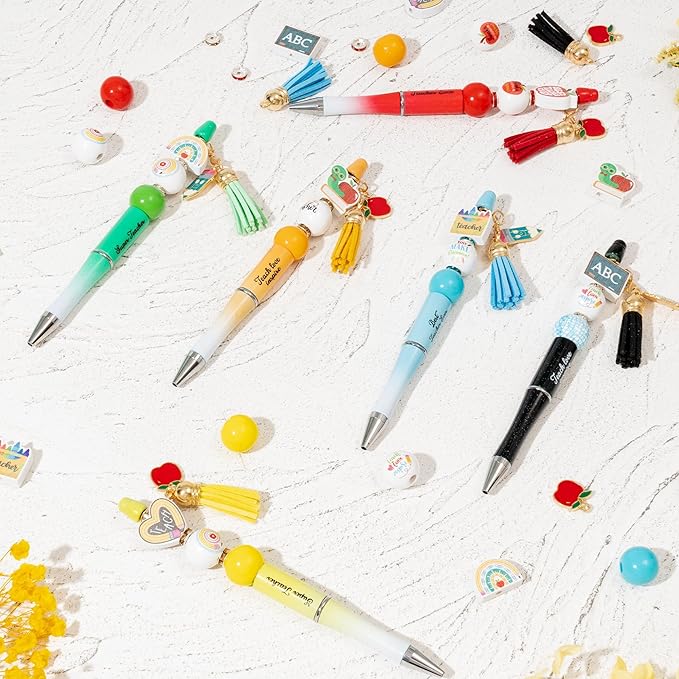 CNhoqc Teacher Appreciation Ballpoint Pens - 12-Set Teacher Appreciation Week Retractable Beadable Ballpoint Pen Wooden Bead Tassel Resealable Foil Pouch Bag Office School Writing Supplies Party Favor