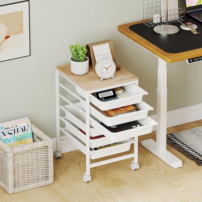 LDAILY Rolling Cart with Drawers, 6 Drawer Rolling Storage Cart with Wooden Tabletop, Metal Frame & Lockable Wheels, Craft Organizers and Storage for Home Office Classroom (White, 6 Drawer)