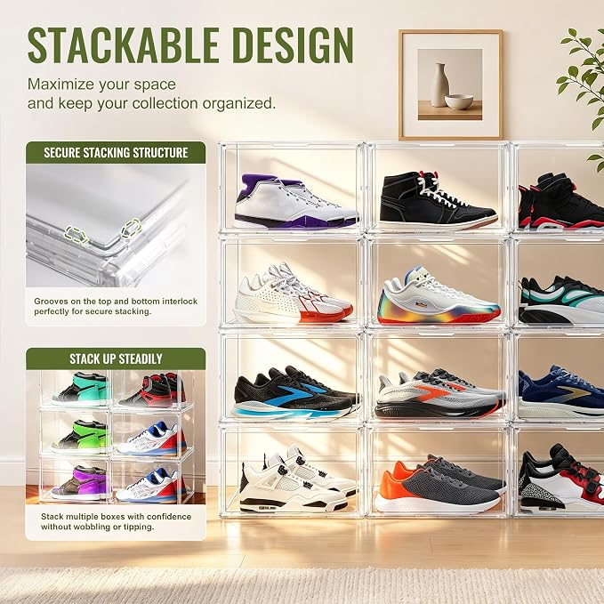 5 Pack Acrylic Shoe Boxes,Stackable Organizer for Everyday Footwear | Fits size 14 sneakers, casual shoes and athletic footwear. Clear acrylic design with magnetic door & dustproof storage