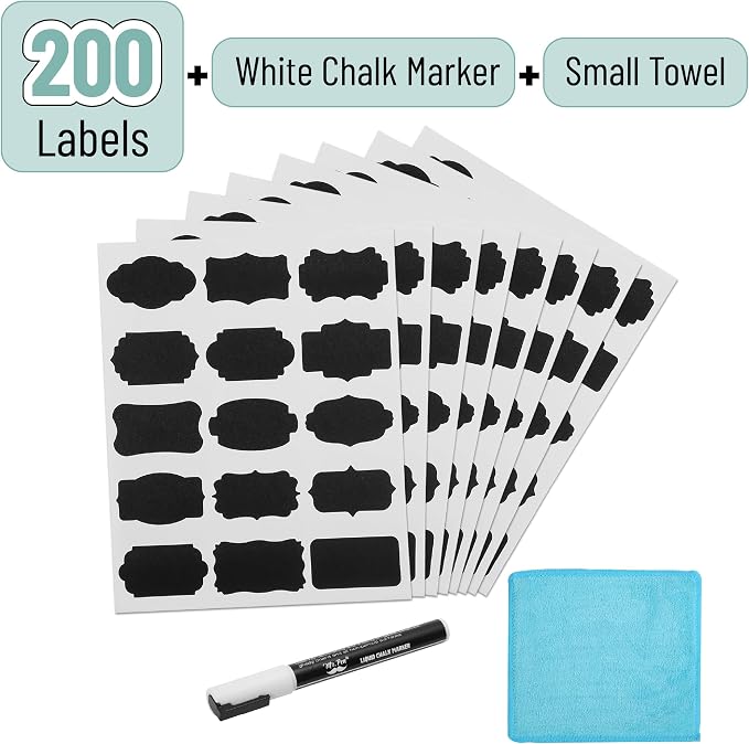 Mr. Pen- Chalkboard Labels, 200 pcs, Assorted Shapes | Waterproof Reusable Blackboard Stickers with 1 Erasable Liquid Chalk Marker for Mason Jars