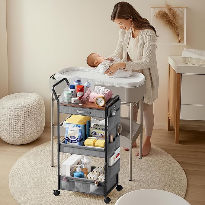BBLIKE 3-Tier Diaper Caddy Organizer - Rolling Utility Baby Cart with Drawer and Side Pockets for Nursery and Baby Essentials, Multi-Function Cart for Bedroom and Bathroom, Gray