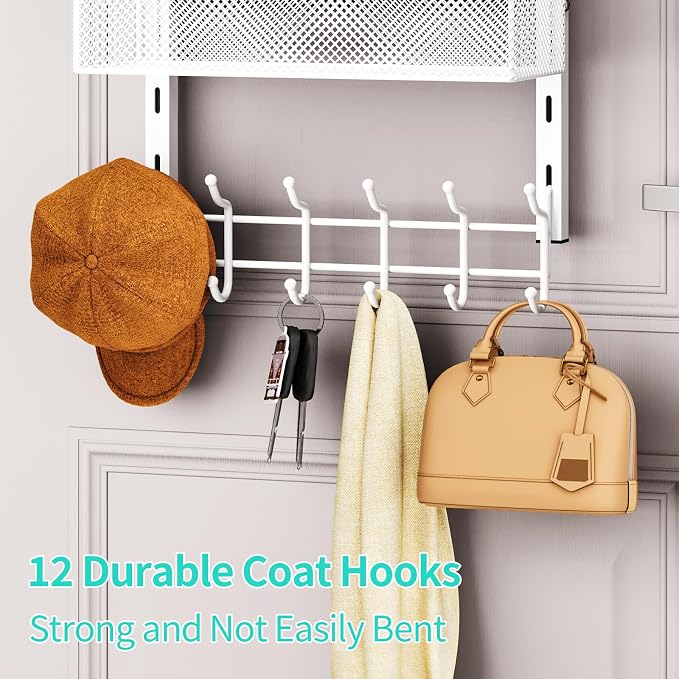 HapiRm Over The Door Hanger with Coat Hooks and 3 Baskets, Rustproof Over The Door Hooks, Storage Organizer for Hats, Towels - White
