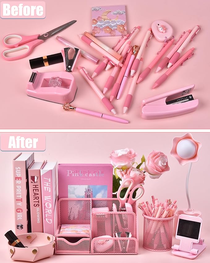 Pink Desk Accessories, 24Pcs Pink Office Supplies and Desk Organizers, with Tape Dispenser, Stapler, Staple Remover, Ect, Gift Box Packaging
