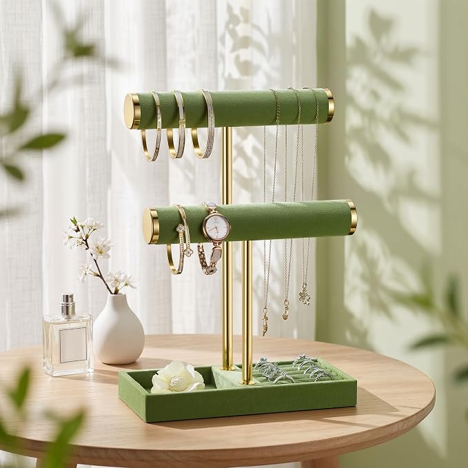 bussdis 2 Tier Bracelet Holder Display - Detachable T Bar Green Velvet Bracelet Holder, Jewelry Holder Organizer for Bracelet, Necklace, Earrings, Rings