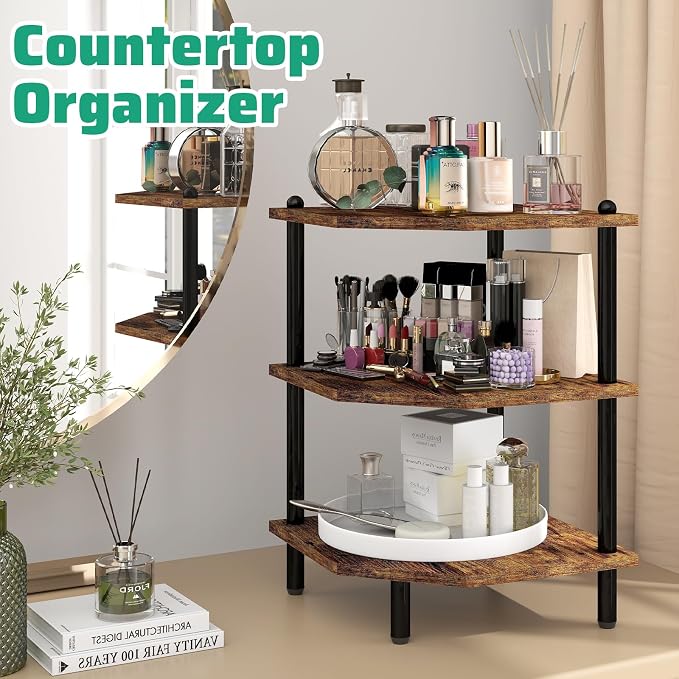 Corner Shelf Stand for Desk - 90° Corner Design to Free Up Desktop | Easy to Assemble 3-Tier Vertical Storage 15 lb Per Shelf 6.7 in Clearance for Books Coffee Mugs Supplies on Office Desks