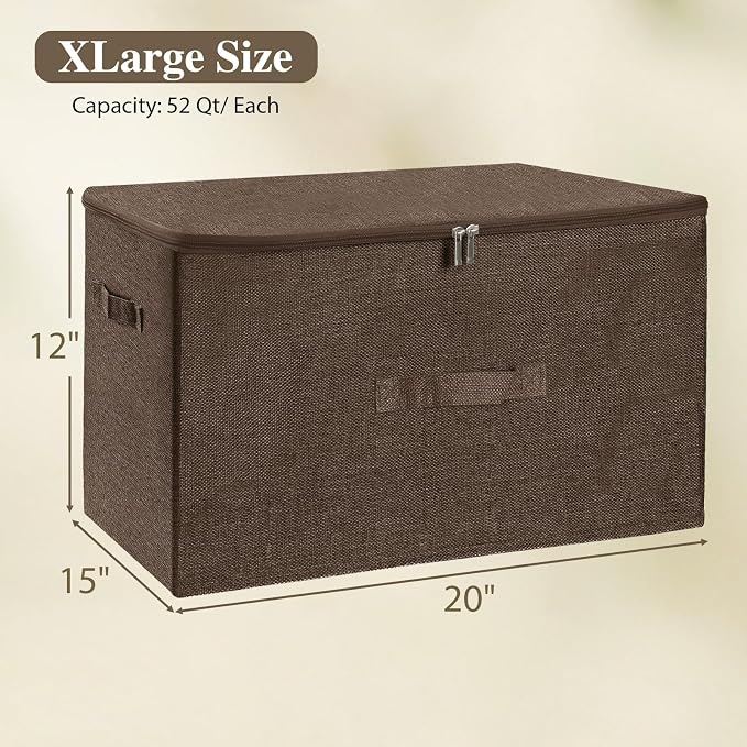 ANMINY Storage Bins with Zipper Lids 51.9 Qt Lidded Fabric Storage Boxes Baskets Cubes with Handles Collapsible Washable Cotton Linen Closet Shelf Clothes Organizer - Extra Large, Coffee