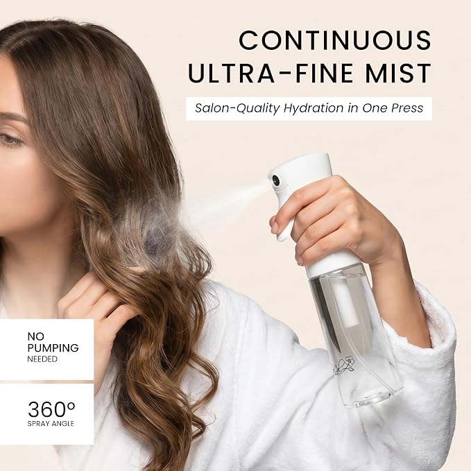 Continuous Spray Bottle for Hair – Slim Design - Fine Mist Water Sprayer for Hairstyling, Curly Hair – Refillable Mister Bottle with 360 Spray – Travel Size Hair Water Bottle