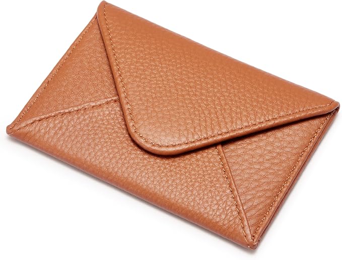 HISCOW Italian Pebbled Leather Business Card Holder, Minimalist Full Grain Envelope Card Case with Hidden Magnetic Closure, 0.19 Inch Slim Front Pocket Wallet for Men and Women, Cognac Brown