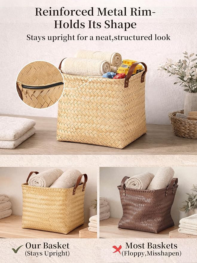 Hand Woven Baskets for Storage, 4Pcs Water-Resistant Wicker Baskets, Yellow Wicker Storage Baskets for Shelves, Large Basket with Handle for Organizing, Clothes, Laundry, Blanket - Square