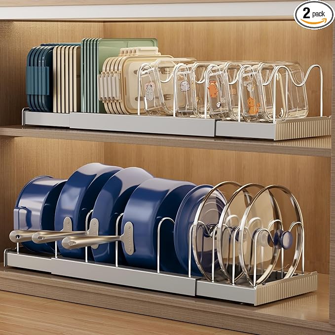 Magheo 2 Pack Expandable Food Storage Container Lid Organizers, 22" Pots and Pans Organizer Under Cabinet with 9 Adjustable Dividers Pot and Pan Lid Holders Rack Inside Cabinet(Gray)