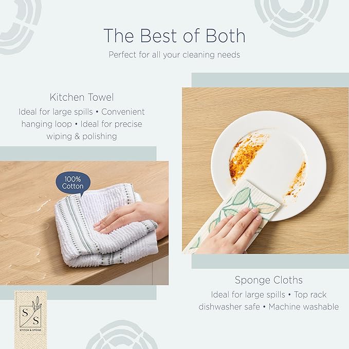 Stitch & Stone Cleaner Set - Perfect for Everday Kitchen Cleaning, 100% Cotton Kitchen Towel, Grip Mat for Dish Drying, Grip Mat for Sink Accessories, & 2 Reusable Dishcloths - Leafy Green