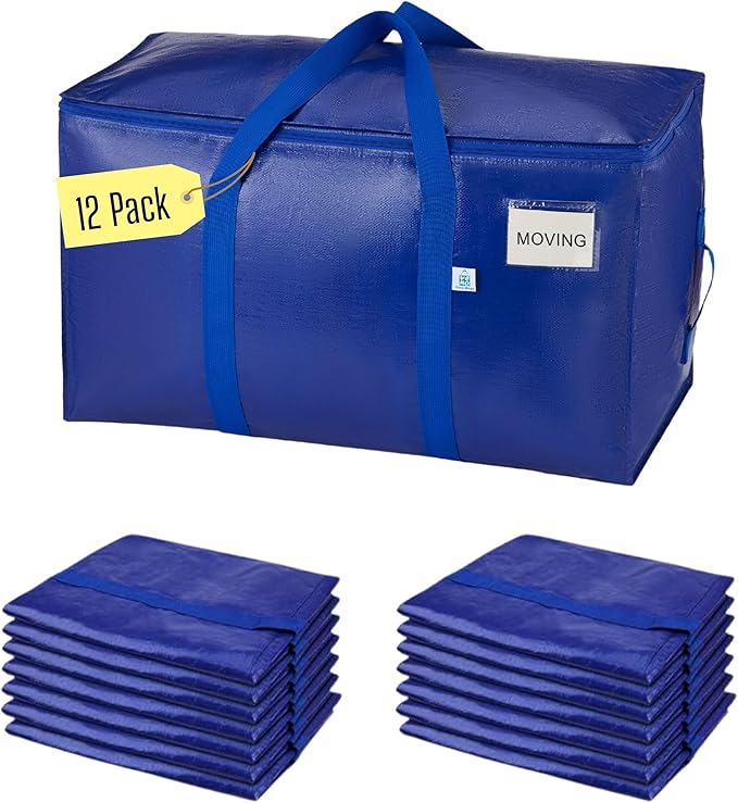 VENO 12 Pack Heavy Duty Moving Bags, 90L Extra Large Packing Storage Totes, 50lbs Load, Reinforced Handles, Zippers & Tag, for College Dorm Essentials, Clothes, Bedding (Blue)