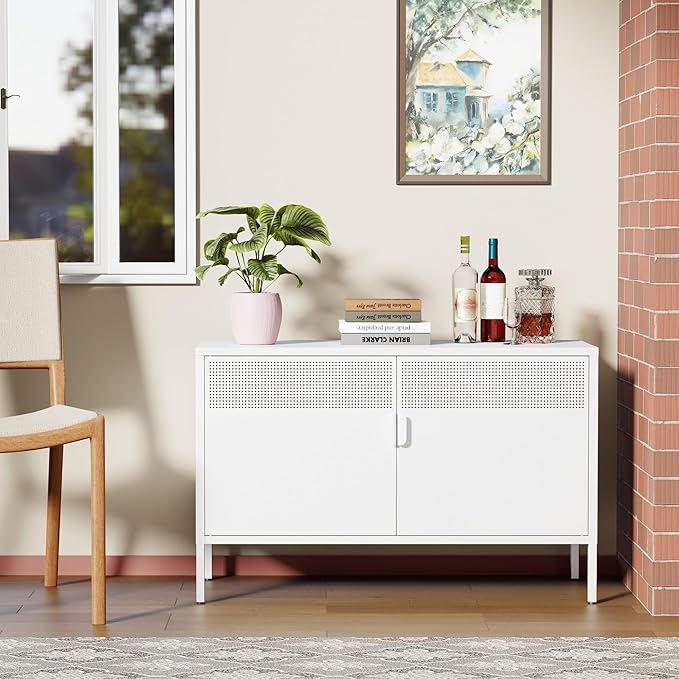 Ustamio White Metal Locker Storage Cabinet with Adjustable Shelf, Low Metal Storage Cabinet for Home Office, 2 Door Small Decorative Metal Locker Tv Stand Cabinet