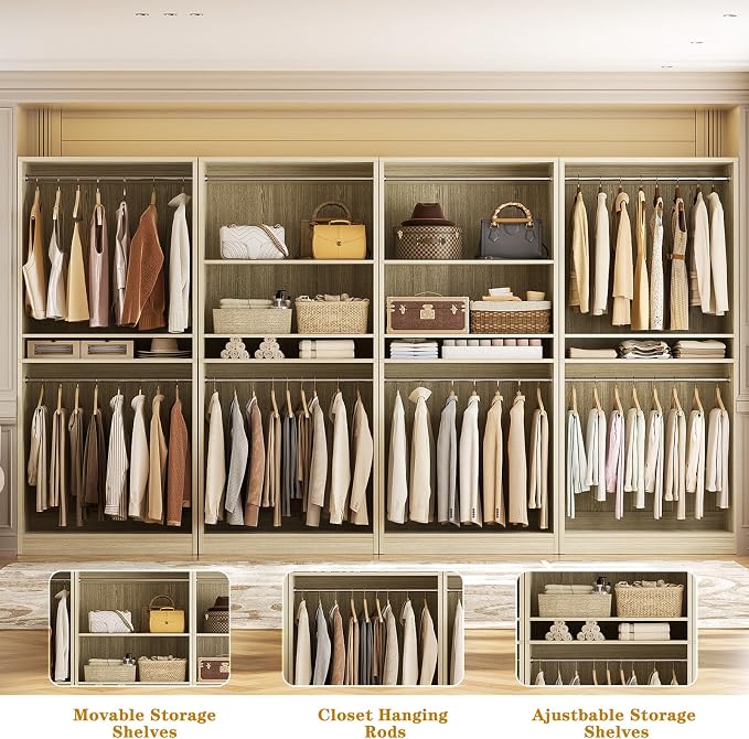 Unikito 12FT Modular Closet System with 8 Hanging Rods, 2800LBs Wood Garment Rack, 4-Pieces Ultra-Wide Walk-in Closet Organizer, Freestanding Clothing Shelves, White Oak
