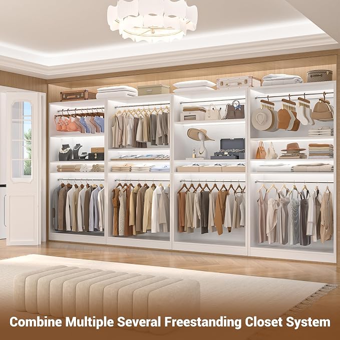 Unikito 72'' Closet System with 4 Hanging Rods, Walk-in Clothing Organizer, 2-Piece Wood Garment Rack for Bedroom, White